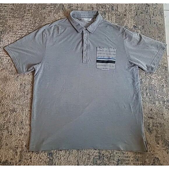 Travis Mathew Polo Golf Shirt Mens XL Gray & White Striped Pocketted - Picture 1 of 9